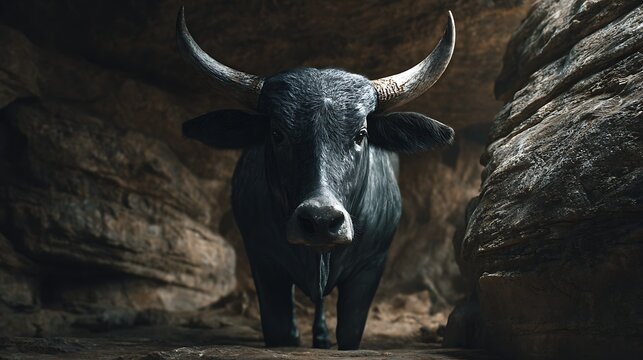 A close up shot of a dark water buffalo with large horns standing in a rocky environment looking forward