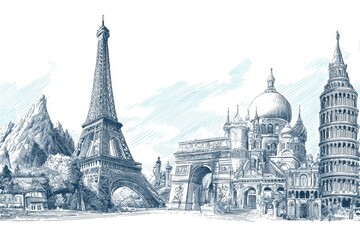 Obraz premium Line drawing featuring iconic world landmarks including the Eiffel Tower, Leaning Tower of Pisa, and architectural marvels in a generic landscape