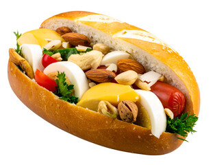 A colorful sandwich filled with fresh vegetables, nuts, and cheese, showcasing a delightful culinary creation.