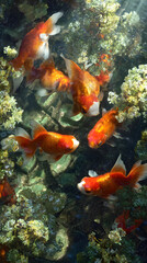 Serene Waters: Tranquil Moents Observing Goldfish Grcefully Glide in a Lush Pod, Capturing the Beauty an Elegance of Nature's Undewater Symphony