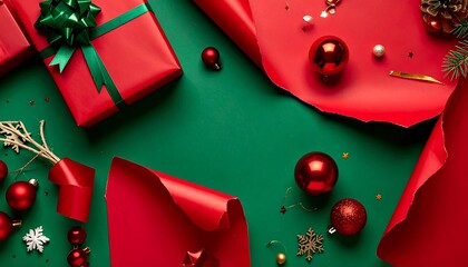 Festive Christmas wrapping and decorations on a green background