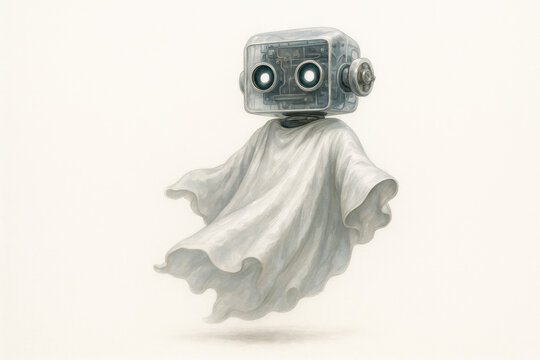 A ghost robot in a white cloth floats in the air. Space for text.