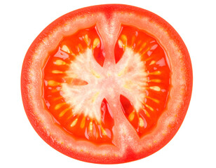 Vibrant cross-section of a ripe tomato showcasing its juicy flesh and seeds, perfect for culinary presentations.