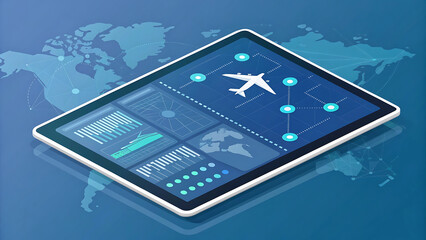 Modern tablet displaying global flight routes and data analytics with airplane icon