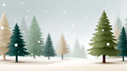 Snowy pine forest in winter wonderland with falling snowflakes
