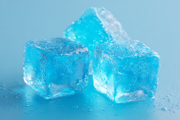 Obraz premium minimalist summer cooling concept three blue ice cubes with reflections and water droplets, against a light blue background high-res studio lighting