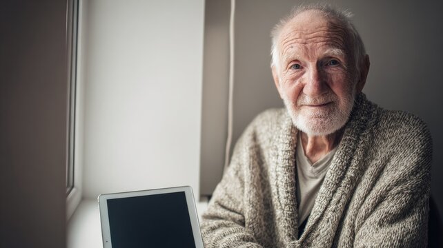 An elderly man in a light cardigan sits by a sunlit window with a tablet on his lap, showing a blank black screen.