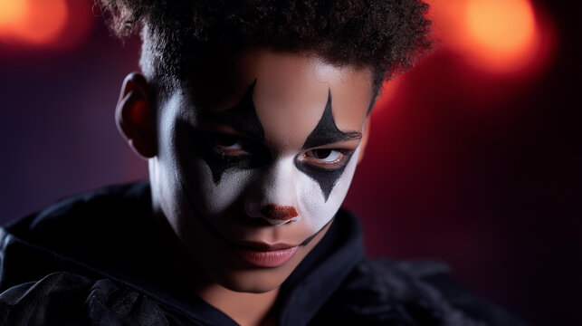 Boy evil Halloween makeup face paint scary transformation children special effects makeup Halloween makeup tutorial horror character costume contest ideas blurred background with