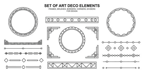 Art Deco geometric design elements set featuring round and rectangular frames, corner accents, dividers, and pattern brushes in black on white, perfect for elegant vintage projects.