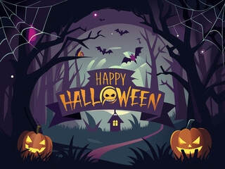 Dark gothic Happy Halloween banner with creepy trees spider webs and glowing typography