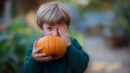 Fototapeta premium Cute child holding large orange pumpkin covering face playful peek a boo gesture Halloween costume autumn fun children Halloween activities pumpkin games seasonal photography