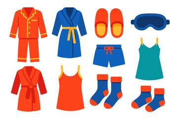 Bold Sleepwear Icons. Flat vector icons of sleep and loungewear: pajama set, robe, slippers, sleep mask, nightgown, lounge shorts,