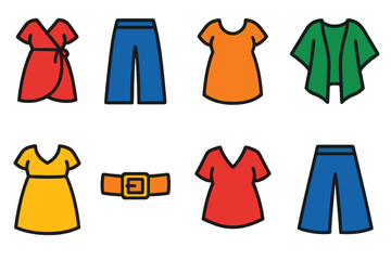 Plus-Size Fashion Icons. Flat vector icons of plus-size fashion: wrap dress, wide-leg pant, tunic top, kimono shrug, empire waist,