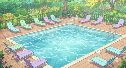 Obraz premium Inviting outdoor swimming pool scene with colorful lounge chairs, perfect for a sunny summer vacation or relaxing resort getaway