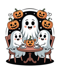 Fototapeta premium Spooky Dinner With Friendly Ghosts And Candy Pumpkin Feast 