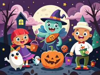 Fun playful Happy Halloween poster with cartoon characters trick or treating at night
