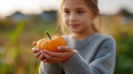 Happy child holding vibrant orange pumpkin beautiful autumn field harvest celebration seasonal agriculture family farm activities pumpkin picking traditions outdoor photography