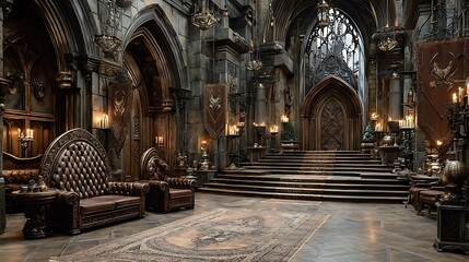 Obraz premium Regal medieval throne room inside stone castle high resolution image