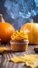 Festive cupcake surrounded by pumpkins and autumn leaves