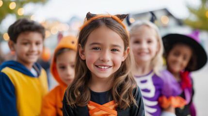 Group children Halloween celebration seasonal costumes autumn activities community events family traditions Halloween entertainment kids party planning blurred background with