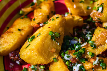 Close up with selective focus of fried potatoes with green onion, green garlic and spices in a colorful plate.