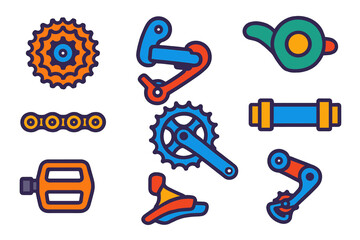 Bicycle Drivetrain Icons. Flat vector icons of drivetrain elements: cassette, derailleur, shifter, chain, crankset, bottom bracket