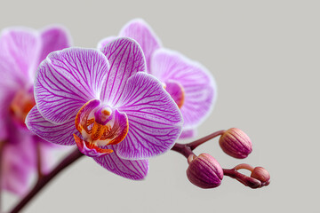 Obraz premium A close-up of a striped purple Moth Orchid with unopened buds on a plain background. Symbolizes rare beauty, elegance, love, and refinement.