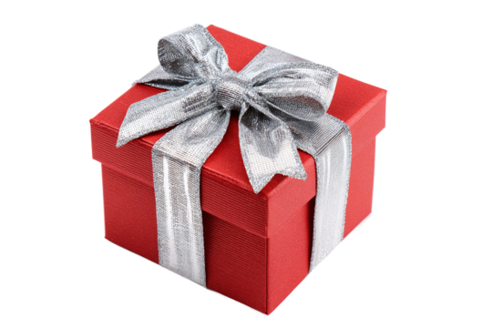 Red gift box with silver bow, isolated on white transparent background - Powered by Adobe