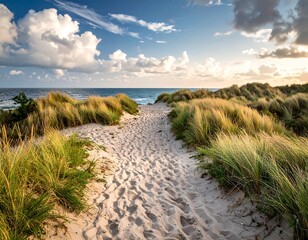 Coastal sand path at sunset