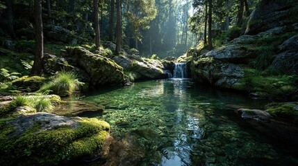 Naklejka premium A lush green forest with a flowing stream and verdant foliage surrounding a waterfall cascading onto rocks
