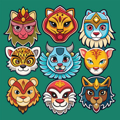 Fototapeta premium Nine stylized animal head illustrations vibrant colors designs nine stylized