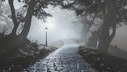 Monochrome Gothic Forest Path with Lantern, Cobblestone Road, and Moonlit Mist in Black and White Illustration
