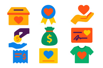 Charity Donation Icons. Flat vector icons of donation drives: collection box, charity badge, donor hand, coin drop, money bag,