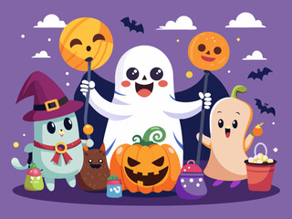 Playful cartoon ghost family illustration with pumpkins bats and candy