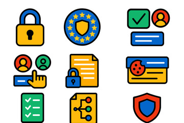 Privacy Law Icons. Flat vector icons of privacy law: lock icon, GDPR badge, consent checkbox, data subject request, privacy notice