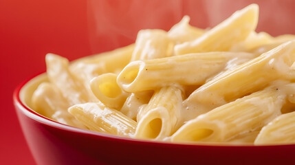 Creamy pasta in a red bowl. The dish features smooth, tube-shaped noodles smothered in a light-colored sauce. Steam rises from the warm meal.