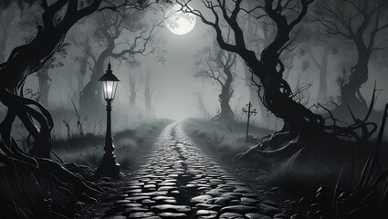 Monochrome Gothic Forest Path with Lantern, Cobblestone Road, and Moonlit Mist in Black and White Illustration
