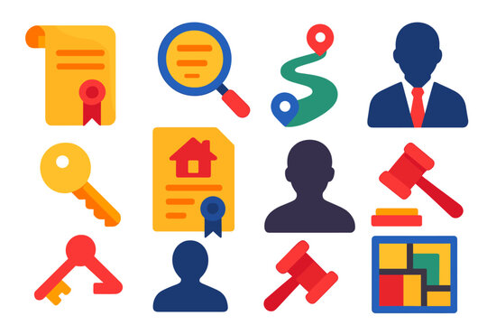 Property Law Icons. Flat vector icons of property law terms: deed scroll, title search magnifier, easement path, lease key,
