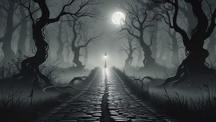 Monochrome Gothic Forest Path with Lantern, Cobblestone Road, and Moonlit Mist in Black and White Illustration
