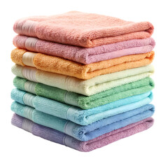 Stack of neatly folded colorful bath towels in pastel shades on white hand towels