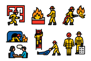 Colorful Fire Training Icons. Flat vector icons of fire training drills: maze runner, live fire pit, hose advance, search and