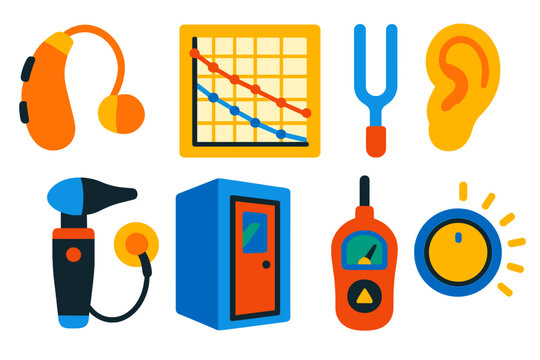 Audiology Icon Set. Flat vector icons of audiology services: hearing aid, audiogram chart, tuning fork, ear mold, otoscope, sound