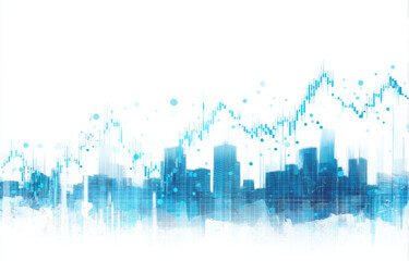 Abstract blue city skyline with a financial stock market graph overlay on a white background, representing economic trends and urban development.