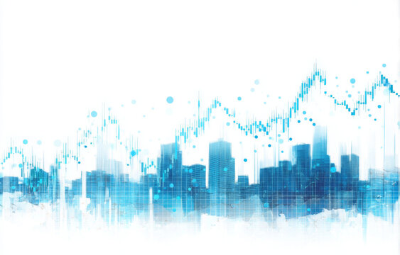 Abstract blue city skyline with a financial stock market graph overlay on a white background, representing economic trends and urban development.