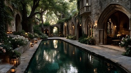 Serene garden with turquoise reflection pool high resolution wallpaper