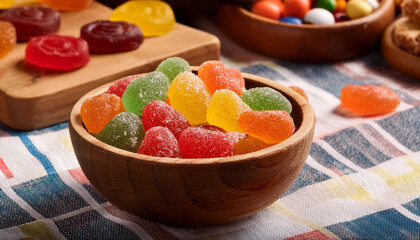 Colorful Fruit Jelly Candies Served In A Wooden Bowl On A Patterned Textile With Additional Treats In The Background