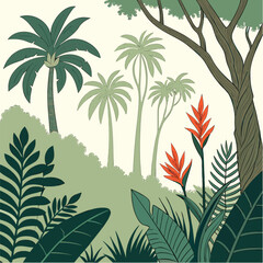 Lush Tropical Jungle Scene with Vibrant Exotic Flowers and Palm Trees.
