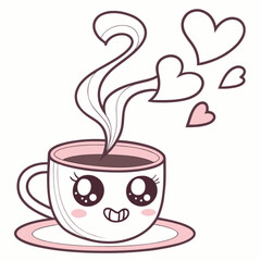 Kawaii Coffee Cup with Heart-Shaped Steam and Eyes.