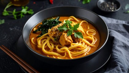 Spicy noodle soup with chicken and greens