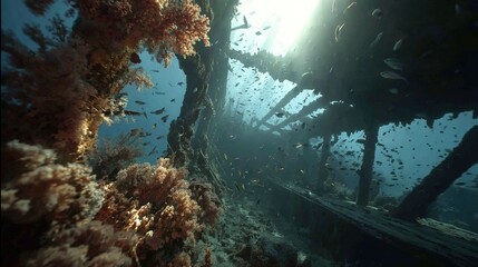 Obraz premium Fish swim near pier on weedy seafloor, bathed in sunbeams
